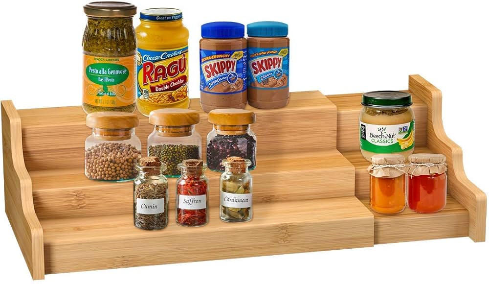Spice Rack Kitchen Cabinet Organizer- 3 Tier Bamboo Expandable Display Shelf | Amazon (US)