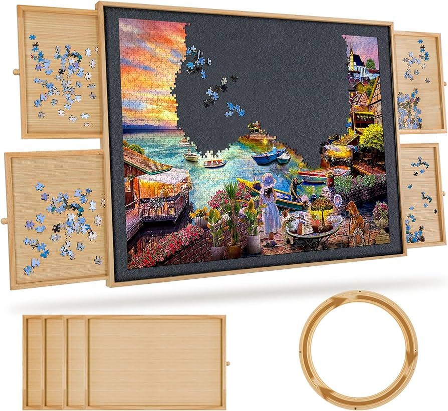 TEAKMAMA 1500 Piece Rotating Jigsaw Felt Puzzle Board with 4 Drawers & Cover, 34.2” X 26" Woode... | Amazon (US)