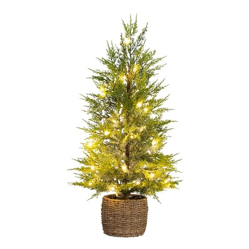 Nearly Natural 32in Pre-Lit Artificial Snowed Cypress Christmas Tree with Warm White LED Lights in Basket | Amazon (US)