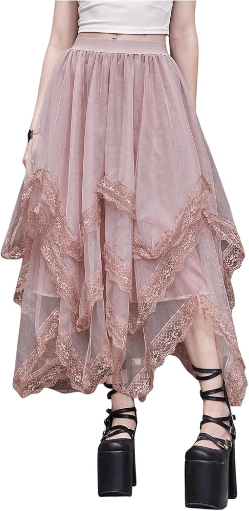 SHENHE Women's Lace Trim Layered Mesh Tulle Skirt High Waist Asymmetrical Long Goth Skirt | Amazon (US)