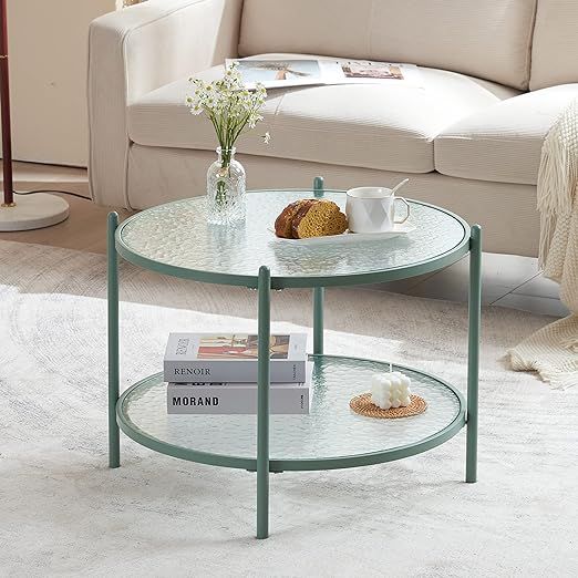 VINGLI 25.6" Small Light Bright Green Round Coffee Table Water-Wave Glass Circle Clear Center Cof... | Amazon (US)