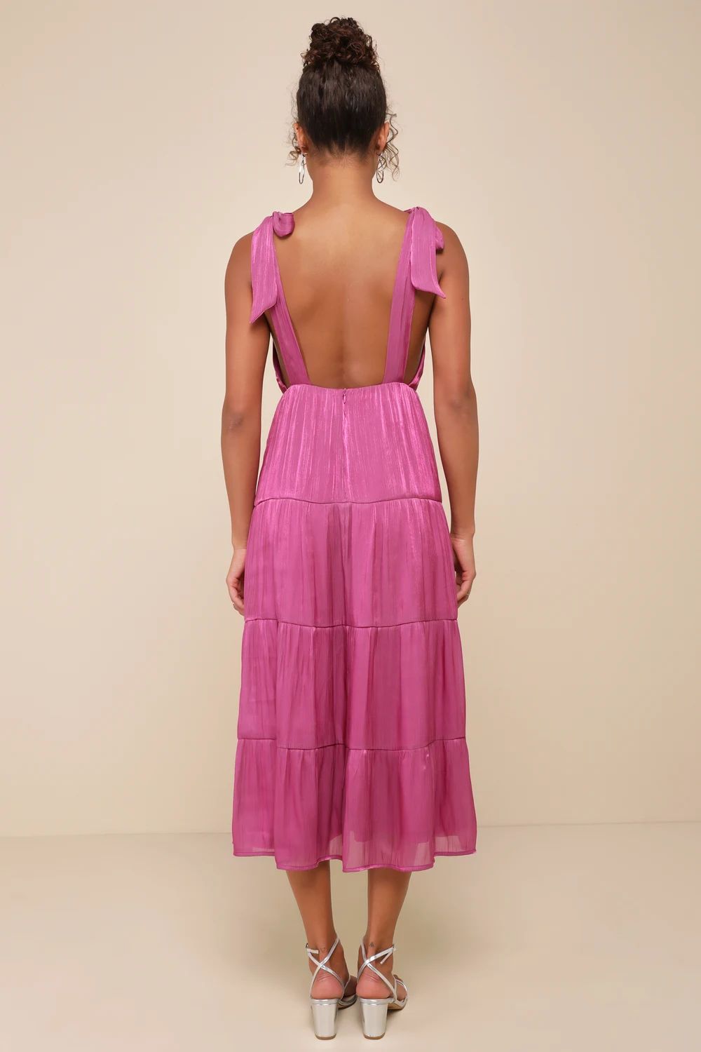 Exemplary Shine Magenta Organza Tie-Strap Tiered Midi Dress | Lulus