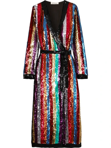 Attico - Grace Striped Sequined Georgette Wrap Dress - Red | NET-A-PORTER (US)