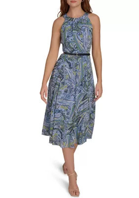 Tommy Hilfiger Women's Sleeveless Halter Belted Chiffon Midi Dress, Blue, 12 | Belk