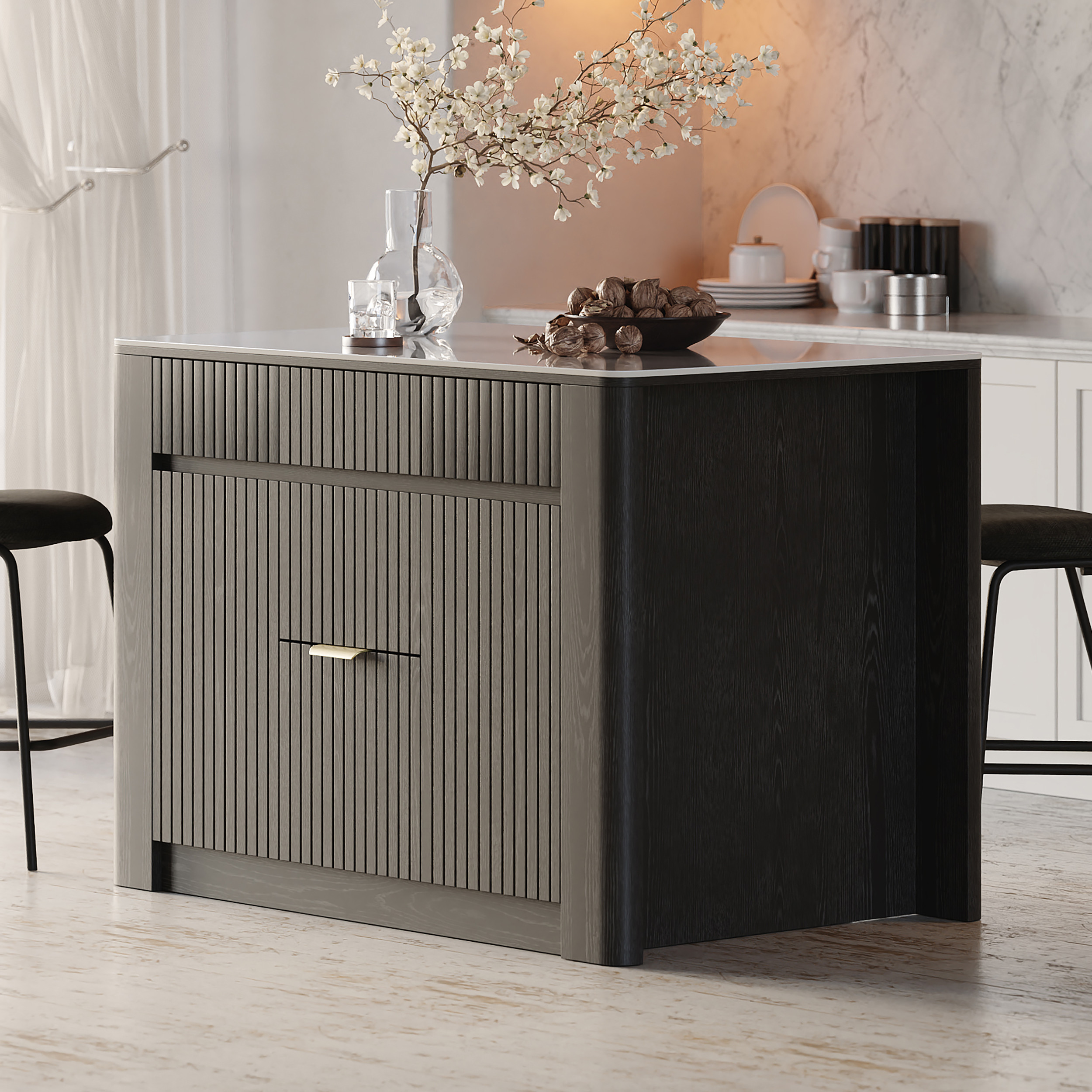 51" Kitchen Island Sintered Stone Top with Storage Black Modern | Homary