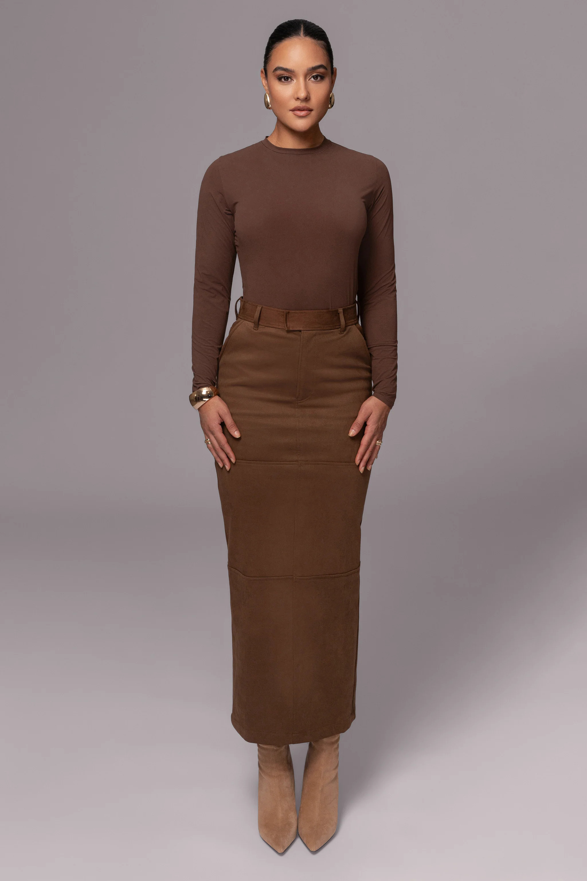 Chocolate Joy Suede Maxi Skirt | JLUXLABEL