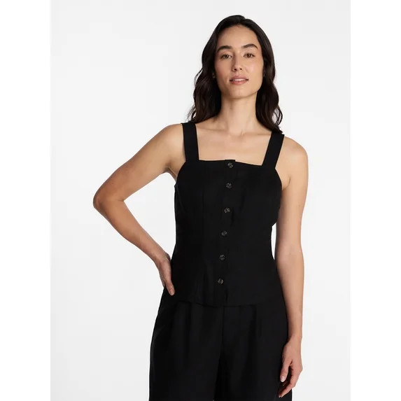 Time and Tru Women's Linen Blend Button Front Tank Top with Adjustable Straps, Sizes XS-XXXL | Walmart (US)
