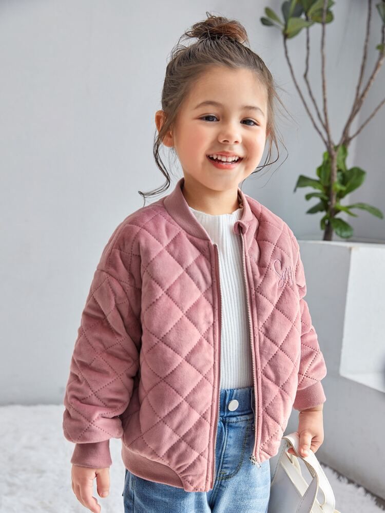 SHEIN Toddler Girls Baseball Collar Drop Shoulder Zipper Velvet Quilted Coat | SHEIN