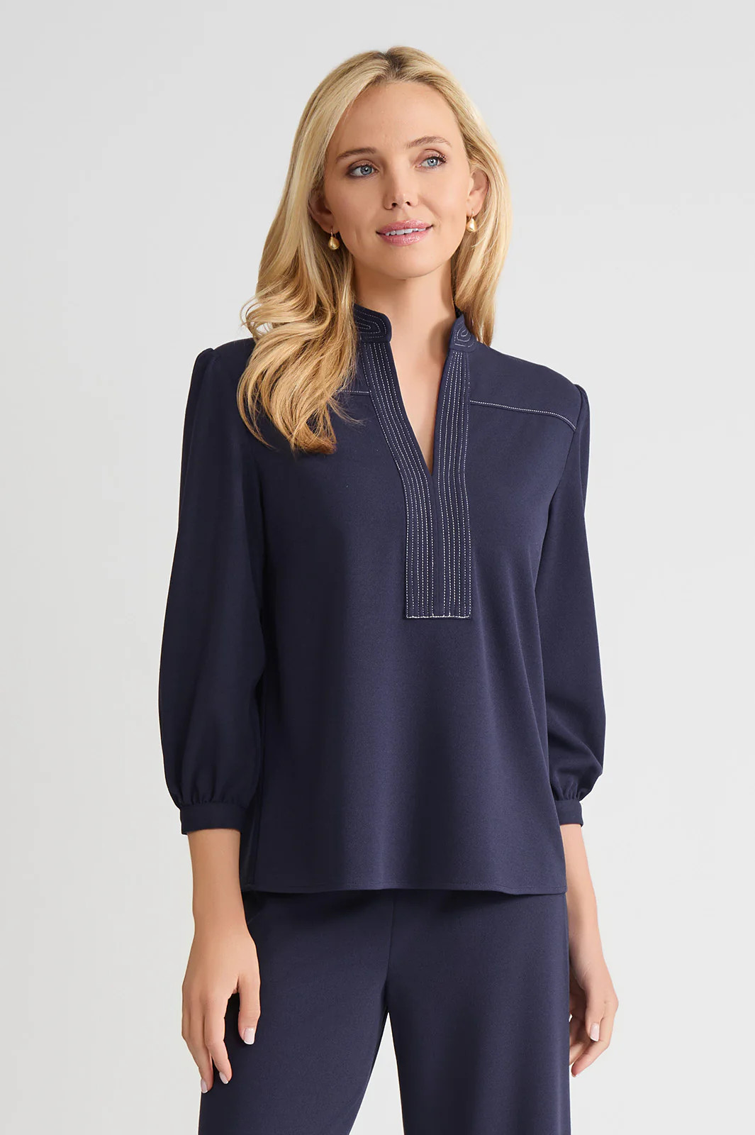 Stretch Deco Crepe Balloon Sleeve Blouse, Indigo | Ming Wang