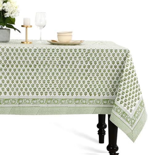 CPC Tablecloth 100% Cotton 70x108 Inch Indian Block Print Rectangle Table Cover, Green Table Clot... | Amazon (US)