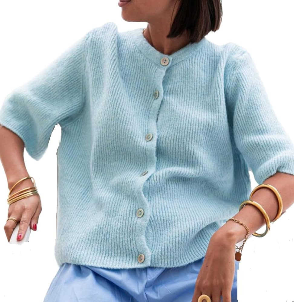 Women Lightweight Knitted Cropped Cardigan Shirt Short Sleeve Button Down Sweater Y2k Open Front ... | Amazon (US)