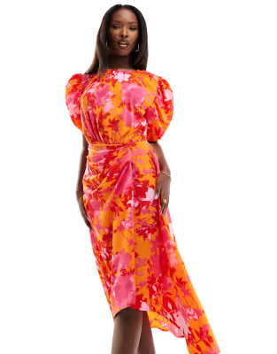 AX Paris satin puff sleeve drape detail midi dress in orange and pink floral | ASOS | ASOS (Global)