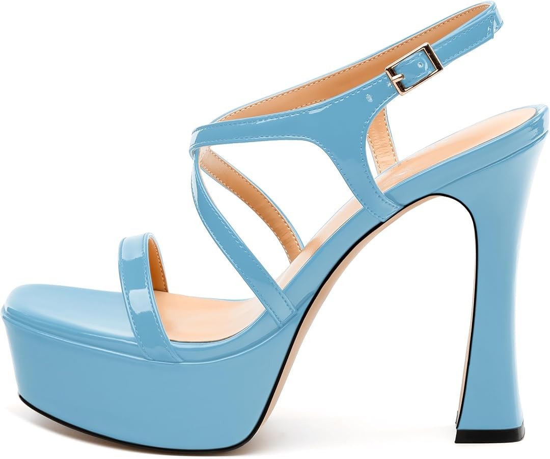 Square Toe Heeled Platform Sandals, Criss-cross Straps High Block Heel Sandals, Open Toe Slingbac... | Amazon (US)