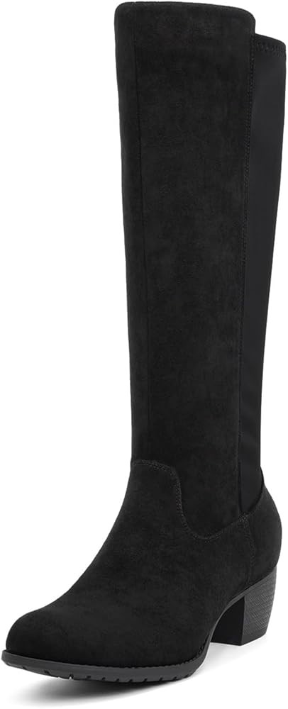 VJH confort Women's Knee High Boots, Round Toe Low Heel Stretchy Comfy Wide Calf Tall Riding Boot | Amazon (US)