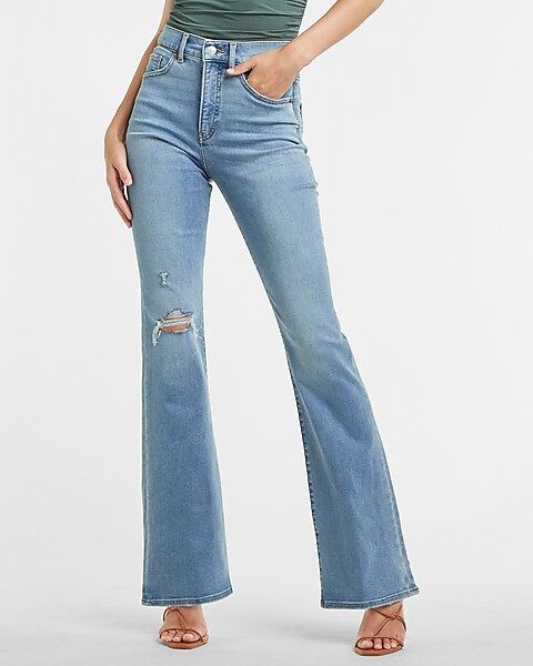 High Waisted Medium Wash Ripped Supersoft Bootcut Jeans | Express