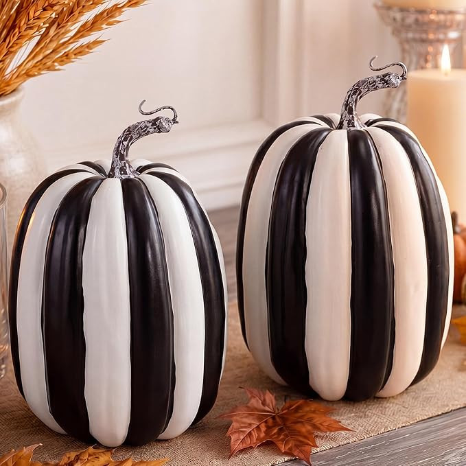 SiliFine 2 Pcs Large Faux Foam Pumpkins, 8.6 Inch Black and White Striped Artificial Pumpkins for... | Amazon (US)