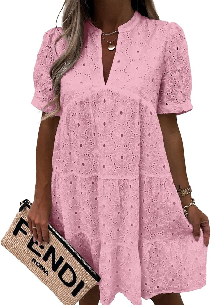 Imily Bela Womens Summer Lace Dresses Eyelet Casual Flowy Babydoll Swing Short Sleeve V Neck Tunic D | Amazon (US)