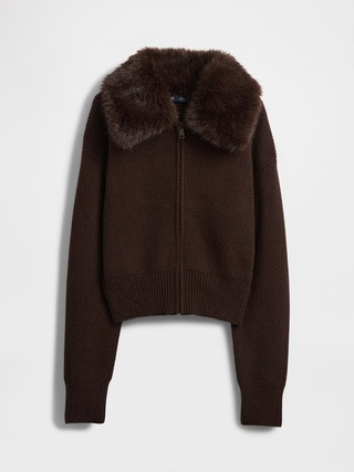 CashSoft Faux-Fur Collar Zip Cardigan Sweater | Gap (US)