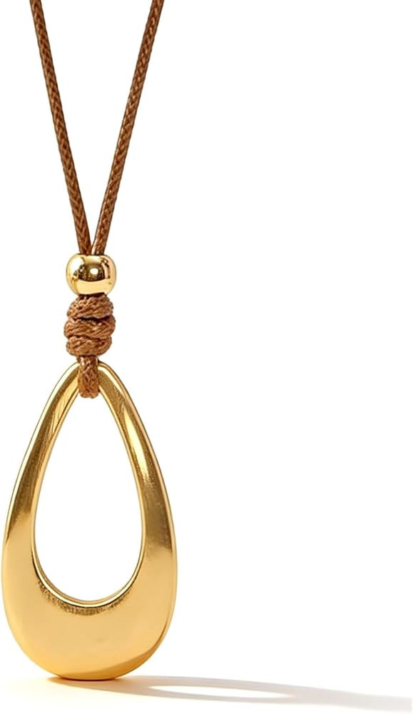 Gold Pendant Necklace for Women Adjustable Black Cord Organic Oval Charm Boho Statement Jewelry G... | Amazon (US)