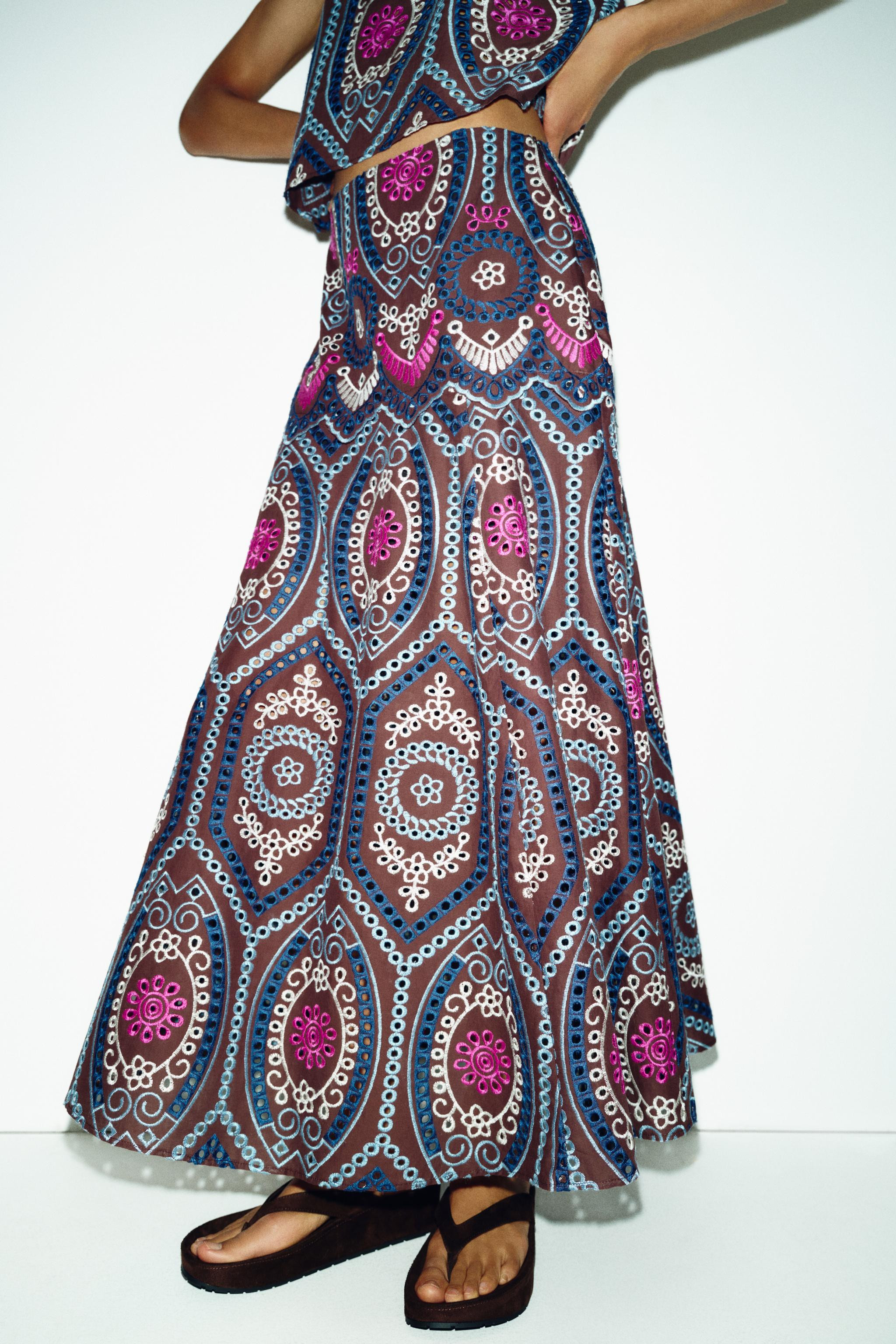 EMBROIDERED EYELET MIDI SKIRT | Zara US