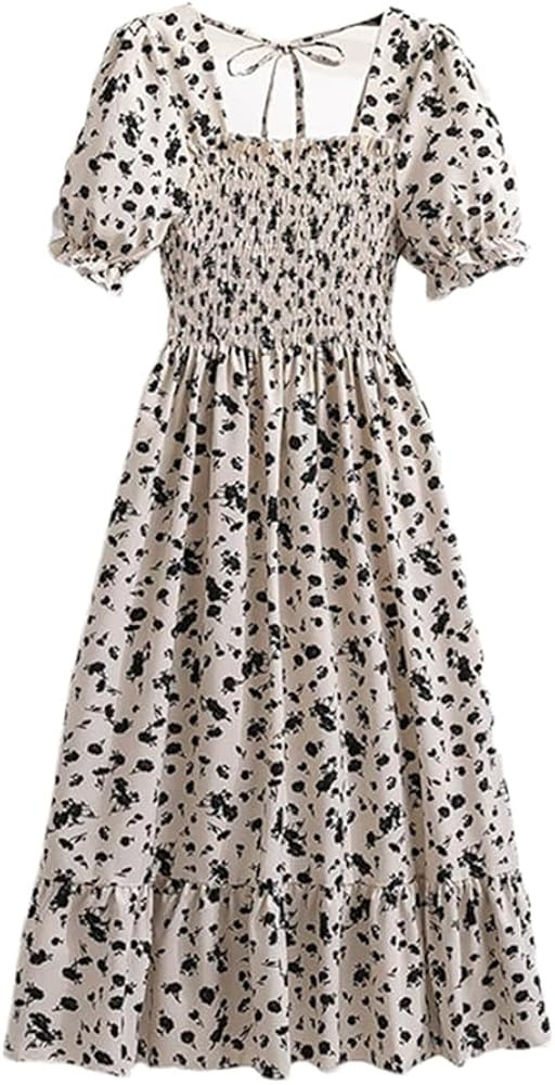 Women's Printed Dress Chiffon Short Sleeve Casual Elastic Waist Pleated Backless Midi Dresses | Amazon (US)