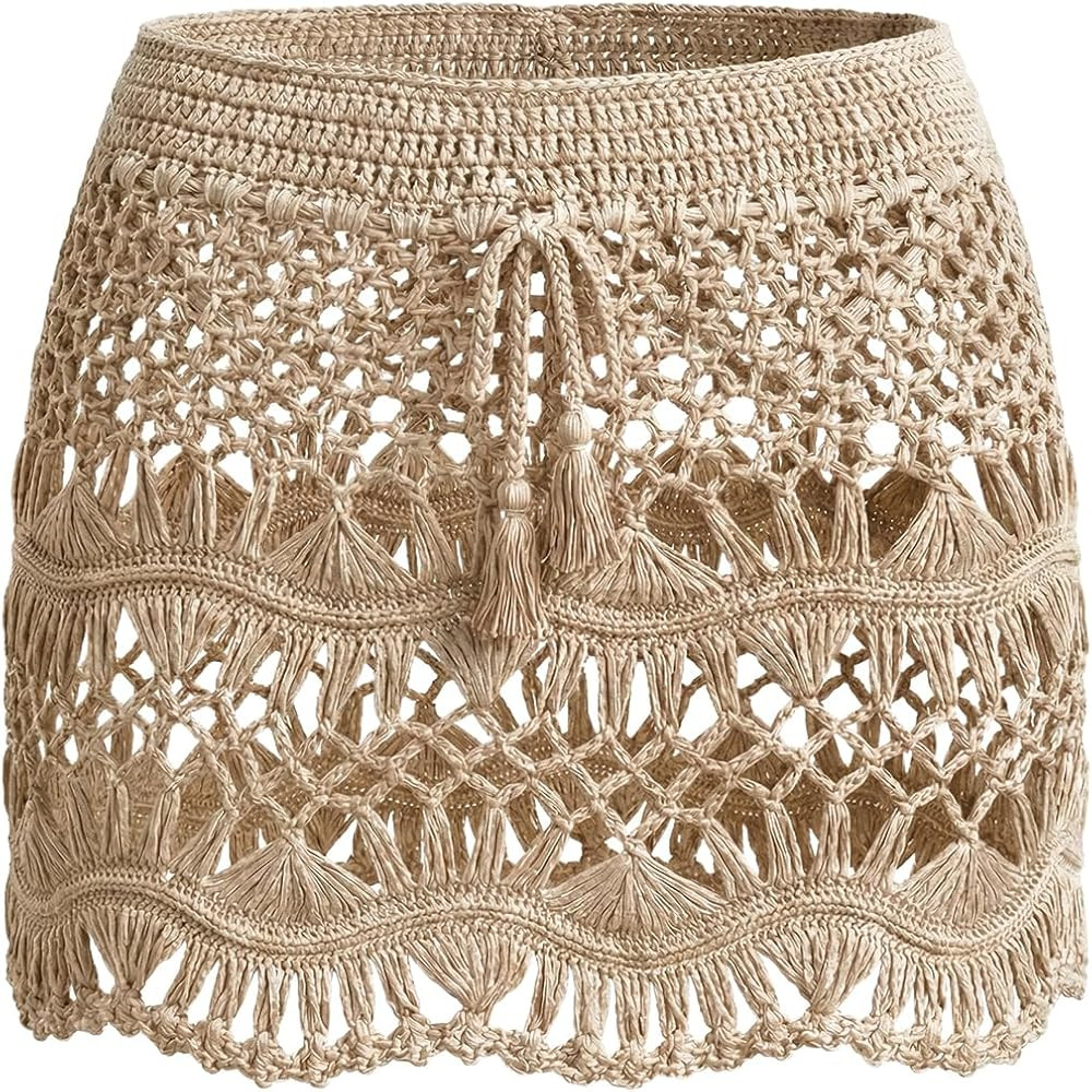 CUPSHE Women Crochet Coverup Skirt Drawstring Knit Mini Skirt Coverup for Swimwear | Amazon (US)