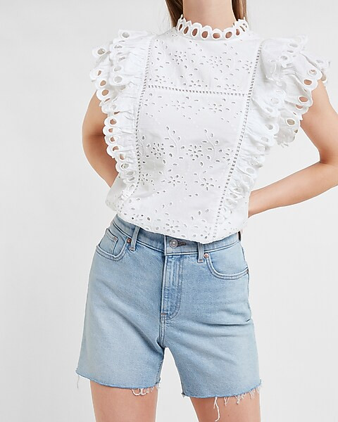 Eyelet Lace Ruffle Mock Neck Top | Express