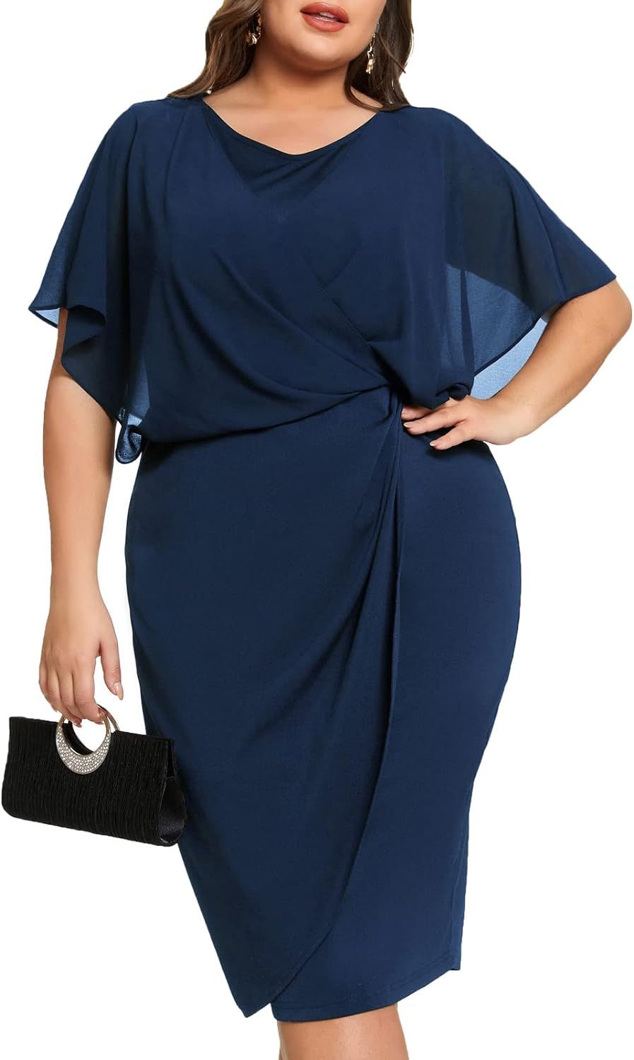 Hanna Nikole Women Plus Size Chiffon Cape Dress V Neck Bodycon Cocktail Pencil Dresses | Amazon (CA)