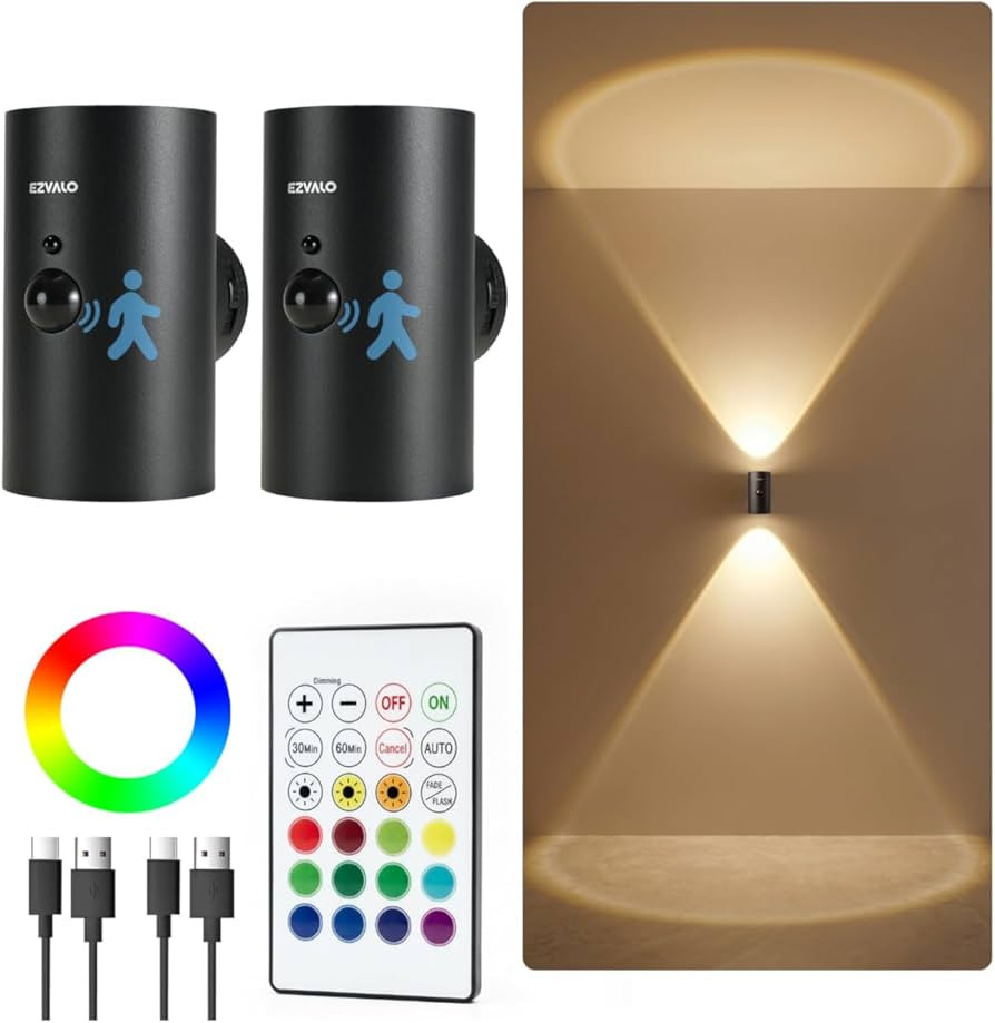 EZVALO Motion Sensor Wall Light, 4000mAh Rechargeable Battery Operated Wall Sconce, RGB & 3 Color... | Amazon (US)