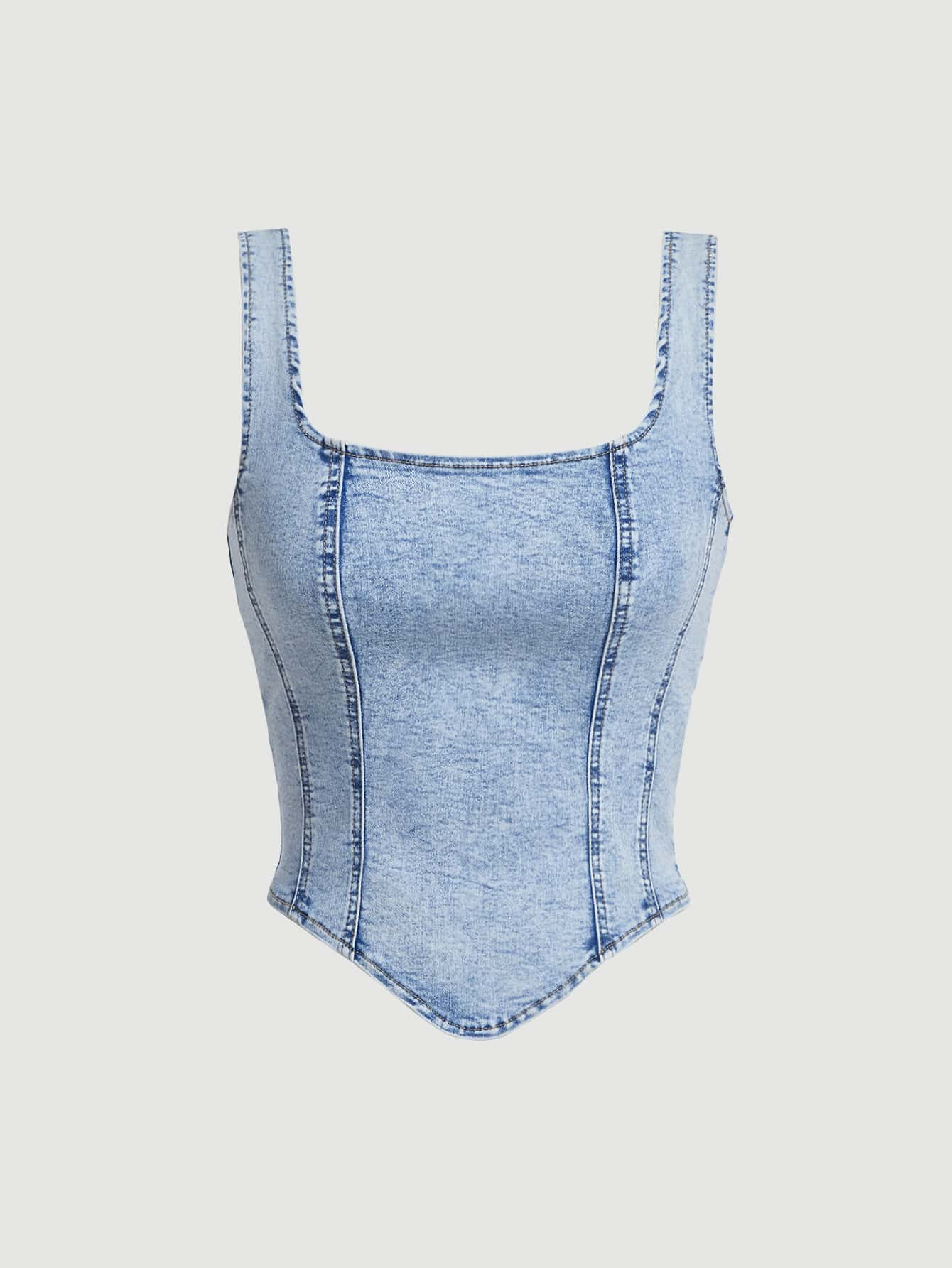 SHEIN MOD Square Neck Hanky Hem Tank Denim Top, Vintage | SHEIN