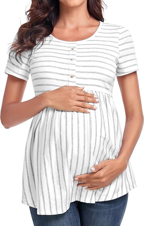 POSHGLAM Women's Maternity Top Shirts Round Neck Ruched Pregnancy Clothes with Button Accent | Amazon (US)