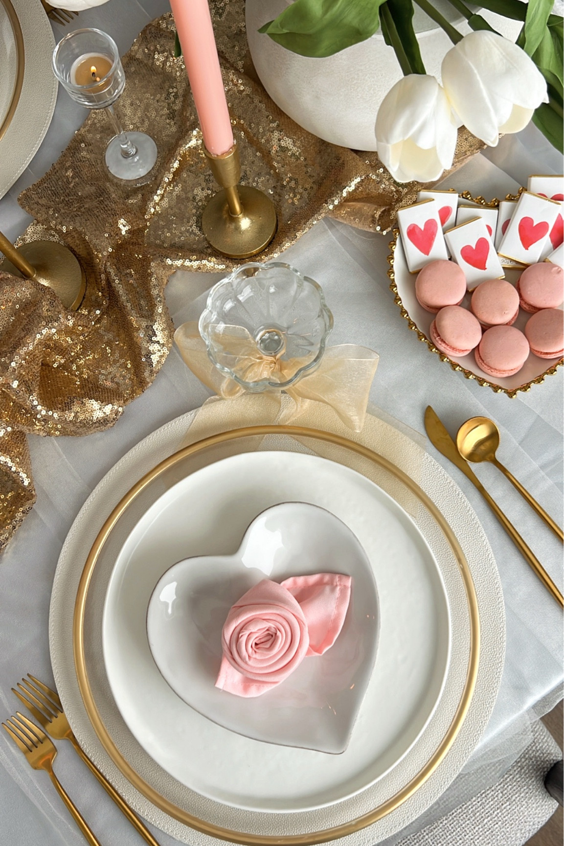 Valentine tablescape, valentine table decor, heart plates, cream and gold table decor 