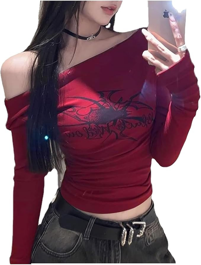 Y2k Tops Off The Shoulder Long Sleeve Top Emo Clothes Grunge Clothes Trashy Y2k Emo Tops Y2k Grun... | Amazon (US)