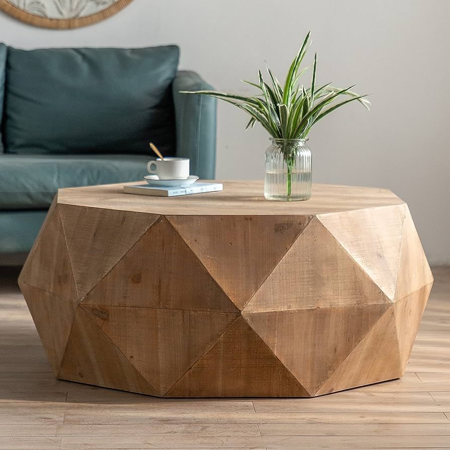 SSLine Drum-Shape Wood Coffee Table with Diamond Pattern Farmhouse Round Cocktail Table Creative ... | Amazon (US)
