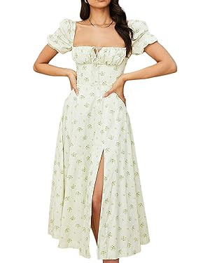 Linsery Women's Puff Sleeve Floral Maxi Dress Elegant Square Neck Cottagecore Boho Split Long Dre... | Amazon (US)