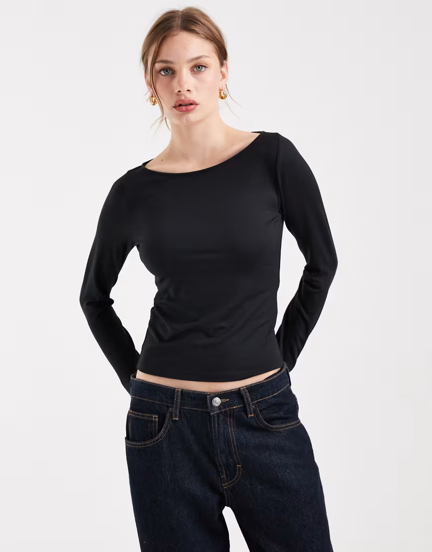 Hollister long sleeve slash neck seamless top in black | ASOS (Global)