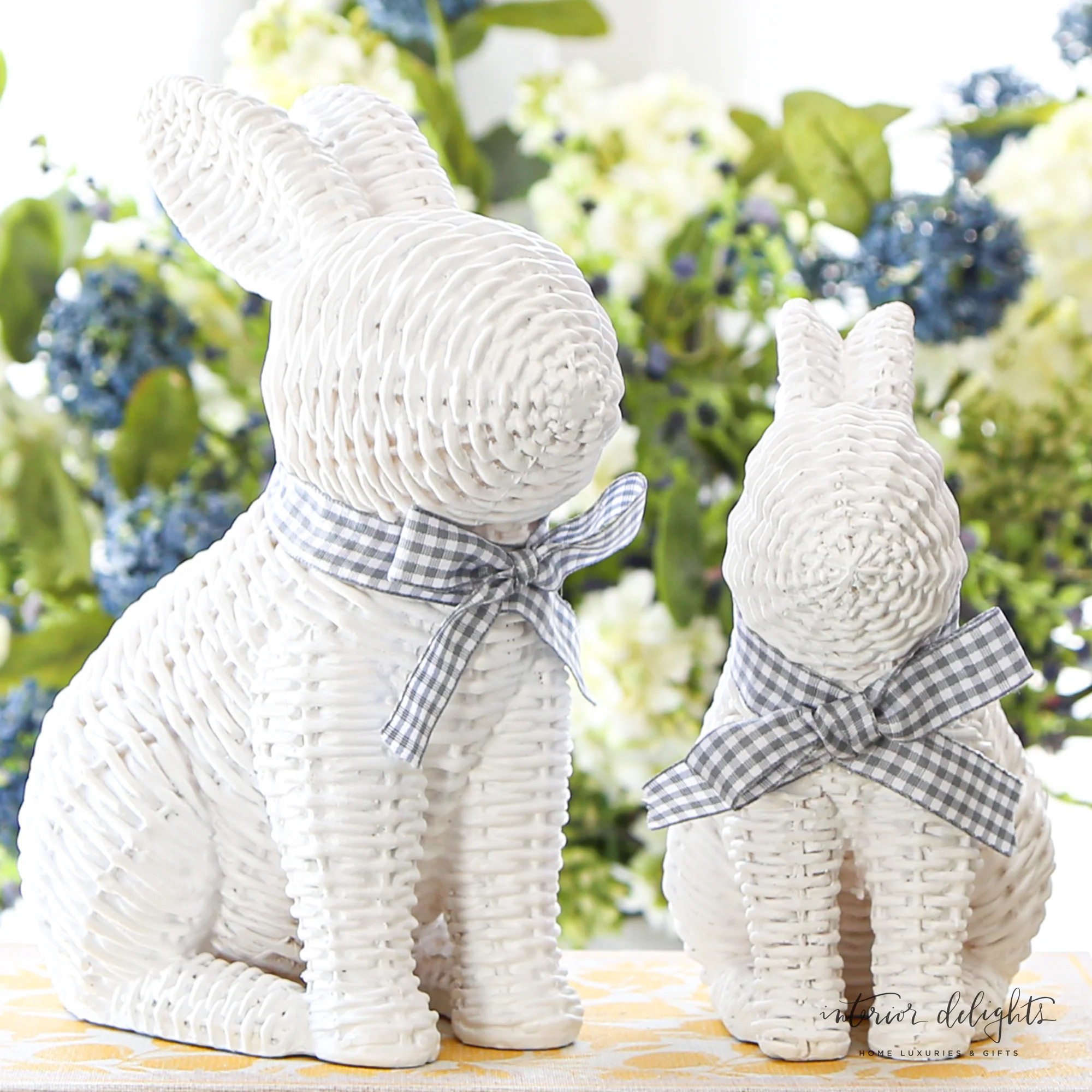 White Willow Bunny with Gingham Ribbon, Large | Interior Delights