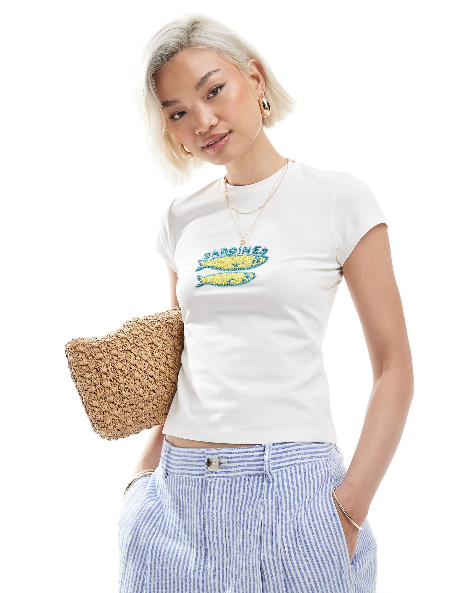 Miss Selfridge beaded sardine graphic baby tee in white | ASOS | ASOS (Global)