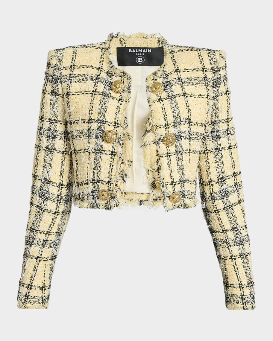 Balmain Paillette Check Eyelash Tweed Crop Jacket | Neiman Marcus