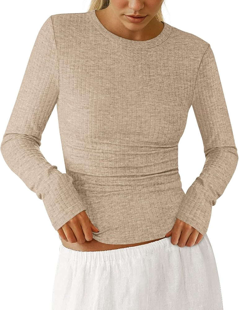 PRETTYGARDEN Womens Long Sleeve Shirts 2025 Ribbed Knit Slim Fitted Basic Tee Casual Going Out To... | Amazon (US)