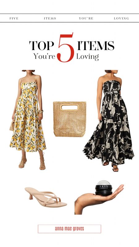 Top 5 items you’re loving this week. 1. Patterned dresses perfect for Summer events. 2. Straw bag - a staple accessory. Nude kitten heel to pair with any outfit. Cryotherapy ball - great for depuffing during allergy season. 

#LTKOver40 #LTKStyleTip