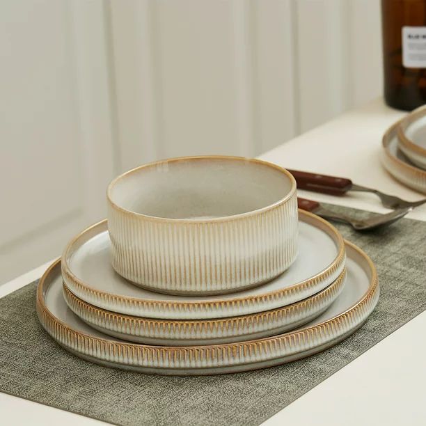 Famiware Stoneware Dinnerware Sets, Plates and Bowls Set, 12 Piece Dish Set, Cappuccino White | Walmart (US)