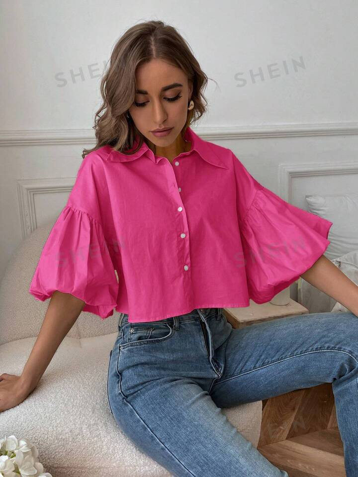 SHEIN EZwear Solid Button Front Lantern Sleeve Shirt | SHEIN