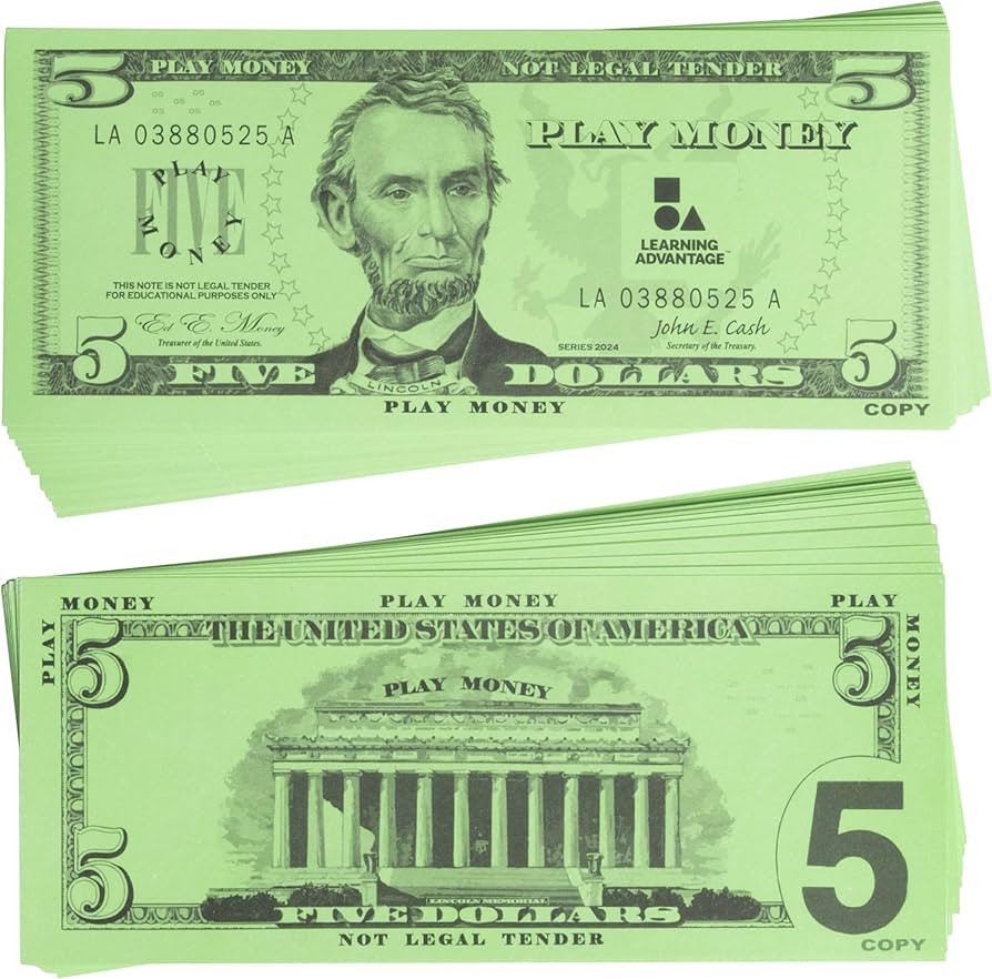 LEARNING ADVANTAGE Five Dollar Play Bills - Set of 100 $5 Paper Bills - Designed and Sized Like R... | Amazon (US)