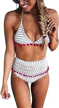 Heymiss Womens High Waisted Bikini Set Stripe Tassel Halter Two Pieces Swimsuits | Amazon (US)