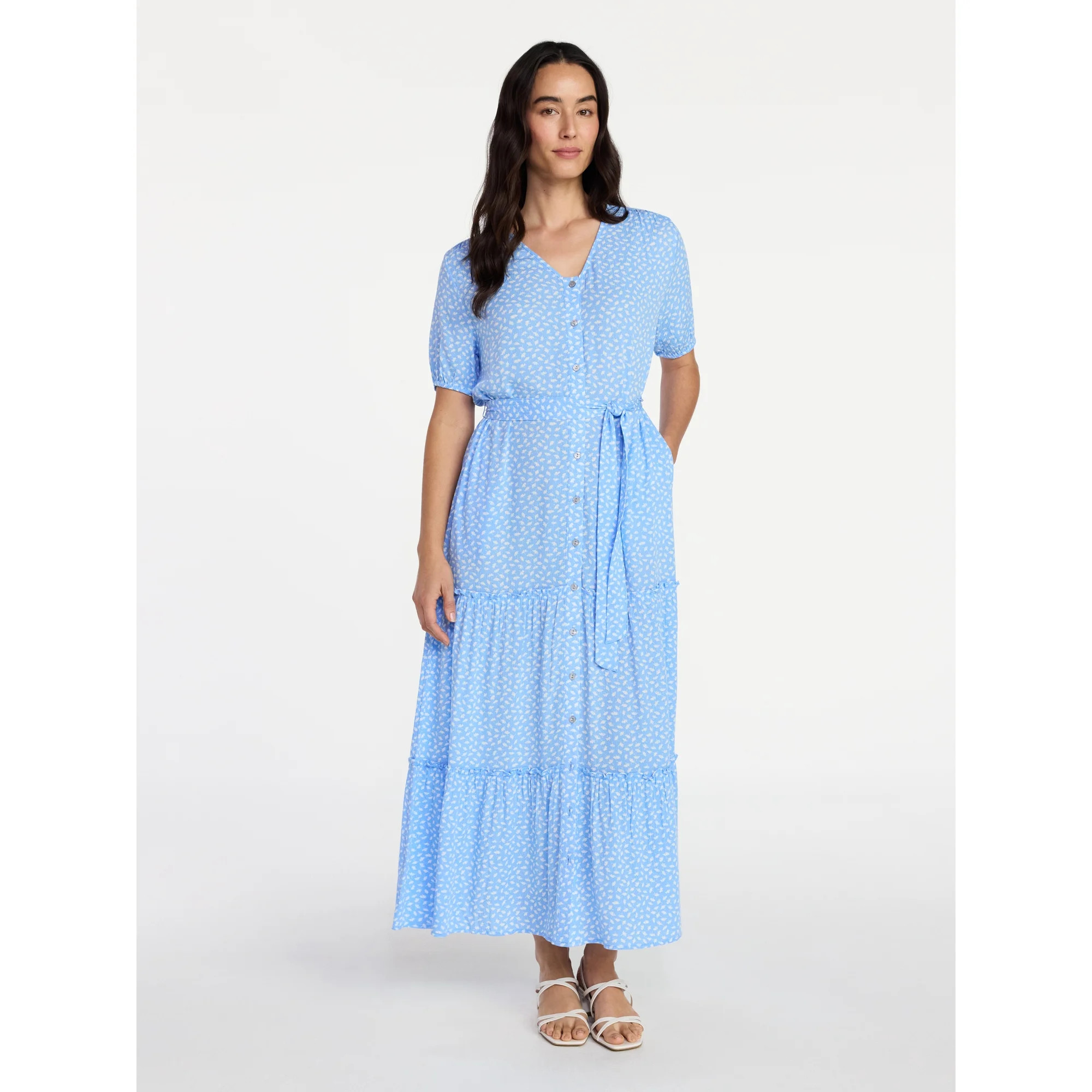 Time and Tru Women’s Crinkle Maxi Dress with Short Sleeves, Sizes XS-XXXL | Walmart (US)