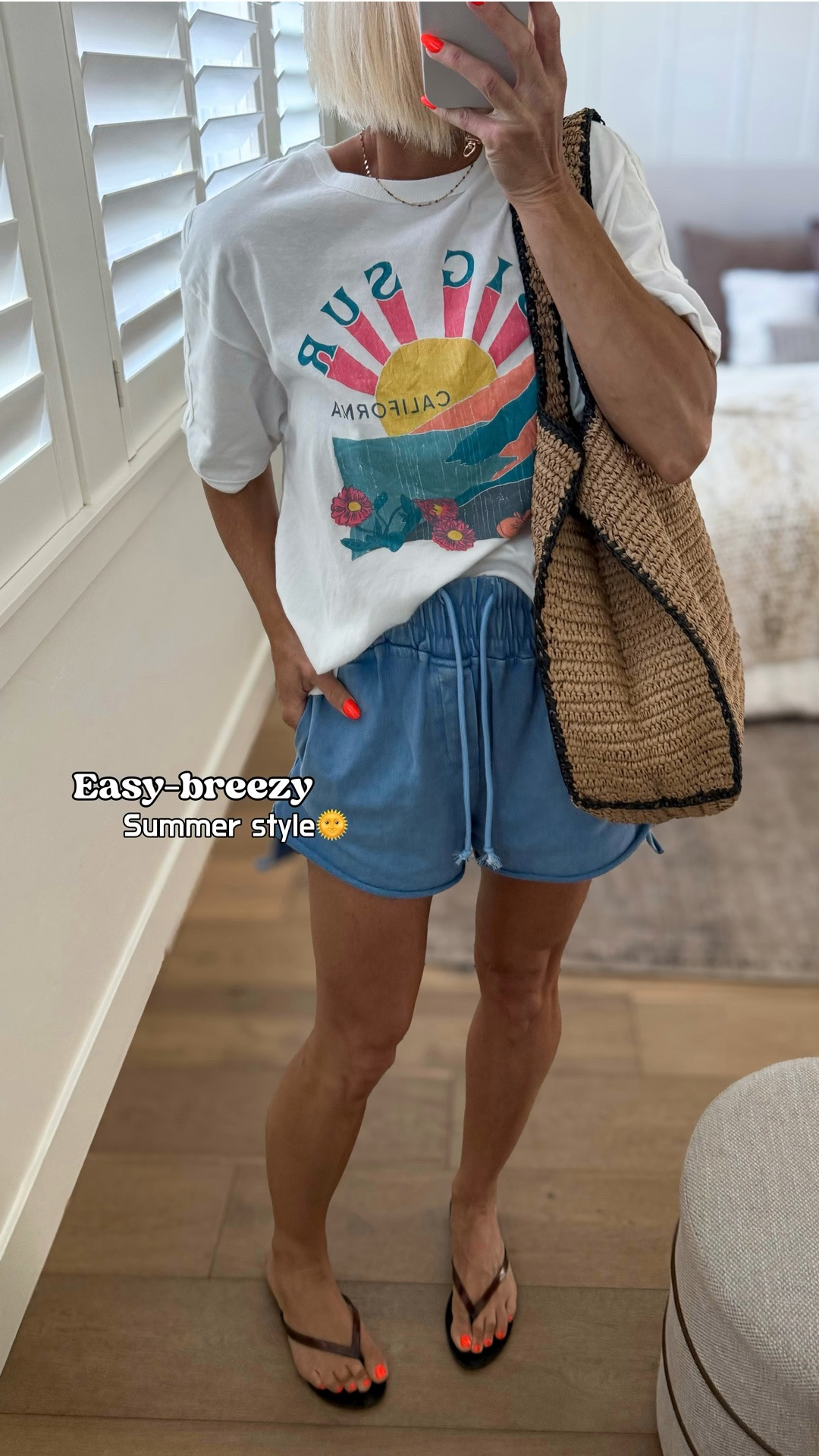 Graphic tees & sweat shorts. Comfy summer outfit.
Wearing a medium in both!
Straw bag in on major SALE!

#LTKgrwm #LTKmomlife #LTKOver40