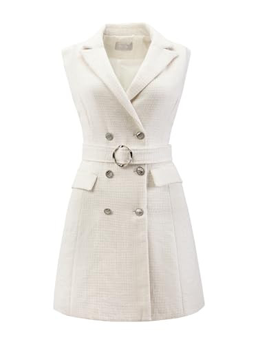 Women's Sleeveless Tweed Dress Collared Belted Button Down Work Blazer Dresses | Amazon (US)