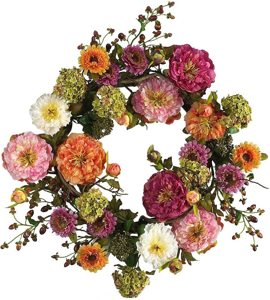 Nearly Natural 24" Peony Wreath, 24in, Mixed | Amazon (US)