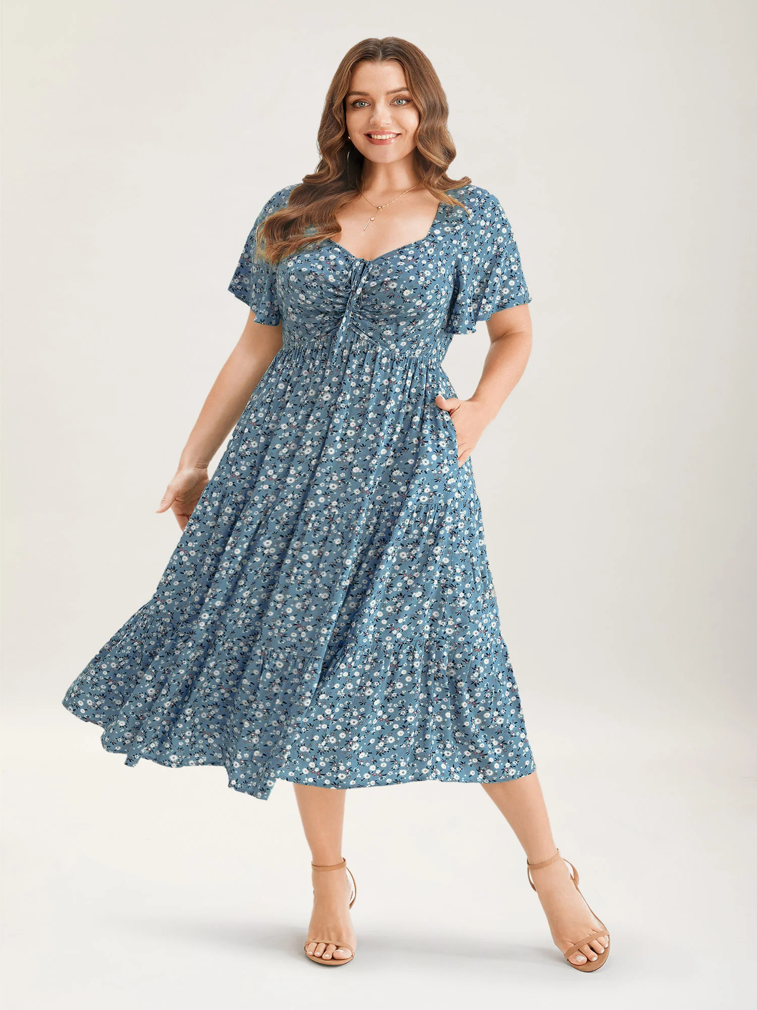 Ditsy Floral Sweetheart Drawstring Pocket Tiered Dress | Bloomchic
